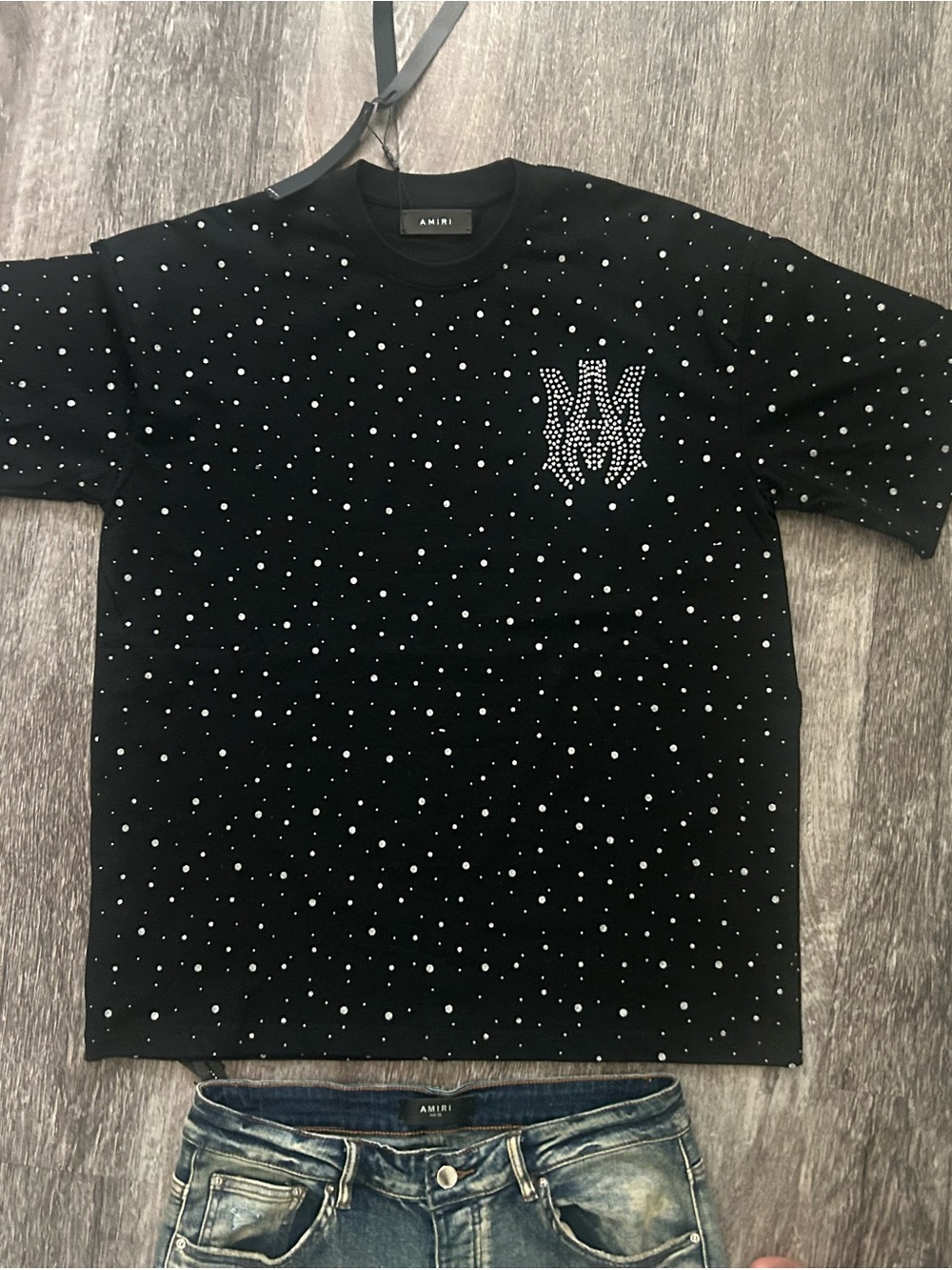 AMIRI Men’s Large Black T-Shirt with Crystal Dot Motif and Logo